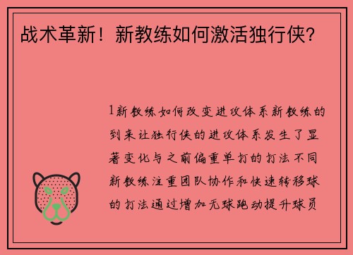 战术革新！新教练如何激活独行侠？