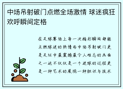 中场吊射破门点燃全场激情 球迷疯狂欢呼瞬间定格